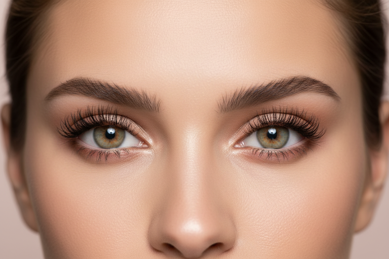 Gros plan ultra serré sur les yeux d’une femme, cadrage horizontal type bannière 21:9, les deux yeux bien au centre de l’image, regard intense mais doux. Cils naturels très longs, denses et parfaitement séparés, effet sérum pour cils. Sourcils structurés mais naturels. Peau lumineuse, sans défaut, maquillage nude élégant (tons beige, rosé). Fond très doux dans des couleurs nude et rose pâle, légèrement flou, style campagne de luxe Dior/Chanel. Lumière douce de studio, bien équilibrée, les yeux clair