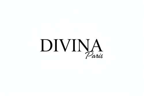 Logo luxe pour marque beauté “DIVINA Paris” : mot DIVINA en capitales serif élégante type Dior/Valentino, légèrement espacée ; mot Paris en écriture cursive raffinée comme une signature, plus petit sous DIVINA ou à droite. Style minimal, chic, féminin, noir sur fond blanc, avec déclinaisons possibles noir sur fond nude/rose poudré et blanc sur fond nude.